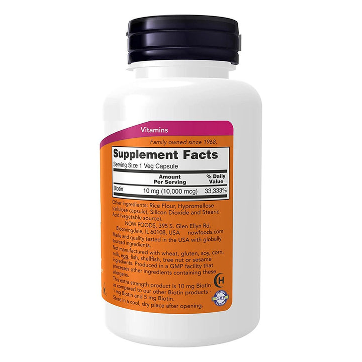 Now Extra Strength Biotin 10,000 mcg Vegetarian Capsules For Energy Production, Pack of 120's - Easy Pharmacy LLC