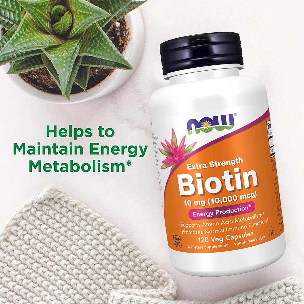 Now Extra Strength Biotin 10,000 mcg Vegetarian Capsules For Energy Production, Pack of 120's - Easy Pharmacy LLC