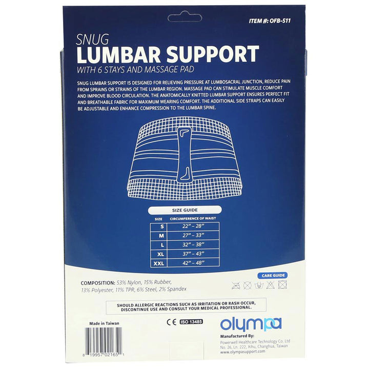 Olympa Snug Lumbar Support with 6 Stays and Massage Pad Cool Grey Medium - Easy Pharmacy LLC