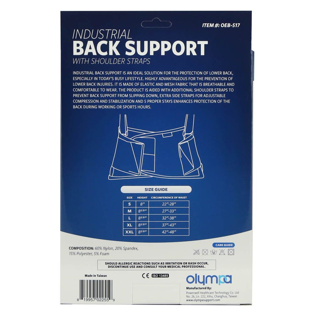 Olympa Industrial Back Support with Shoulder Straps Black Medium OEB517 - Easy Pharmacy LLC