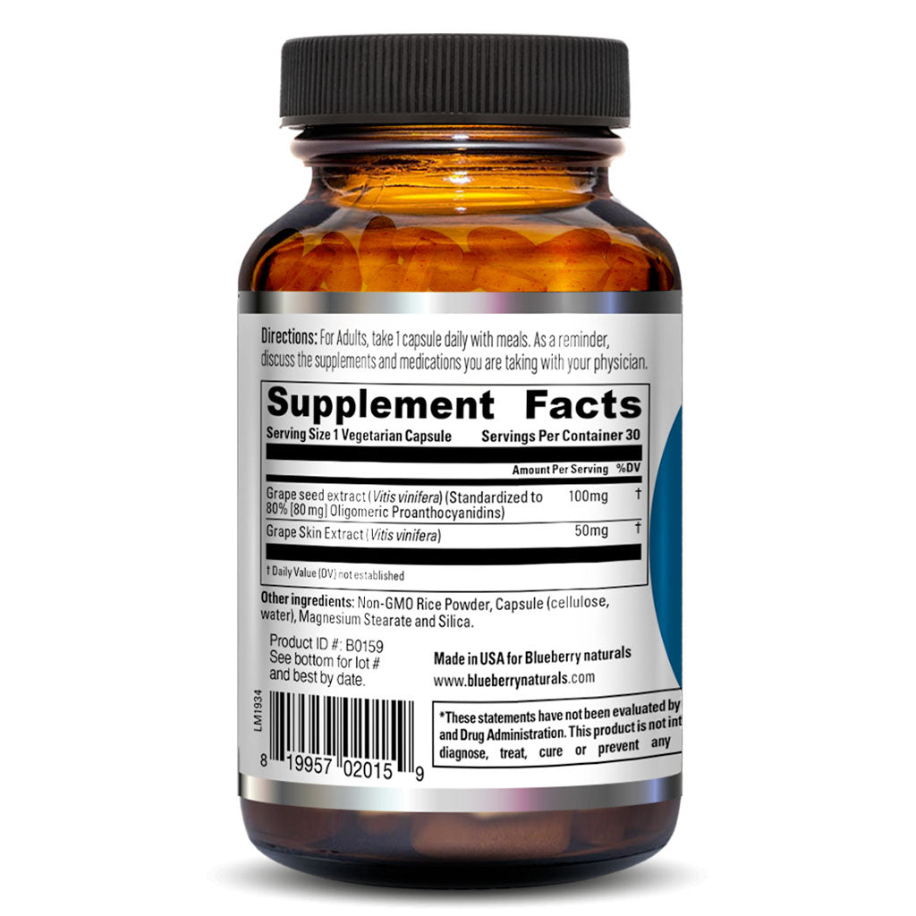 Blueberry Naturals Grape Seed Extract 100mg Vegetarian Capsules, Pack of 30's - Easy Pharmacy LLC