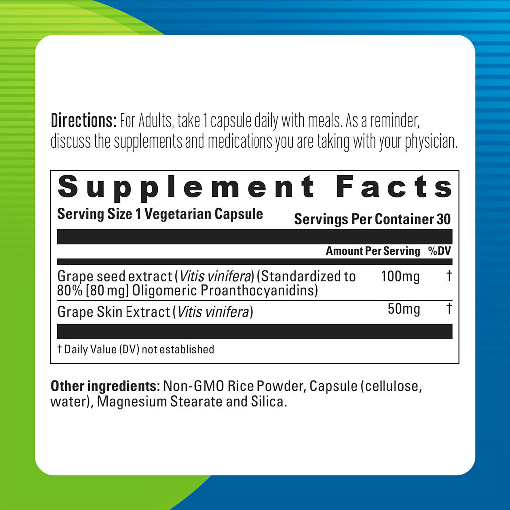 Blueberry Naturals Grape Seed Extract 100mg Vegetarian Capsules, Pack of 30's - Easy Pharmacy LLC