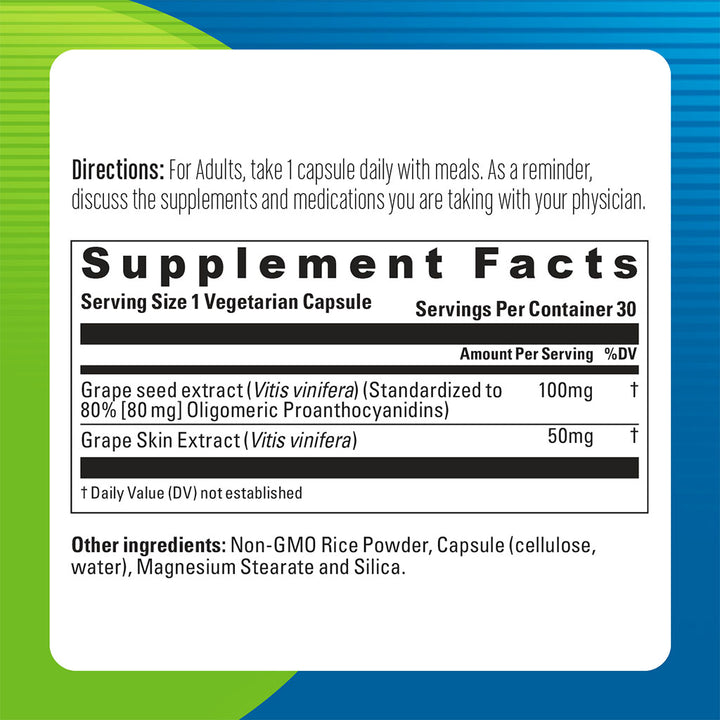 Blueberry Naturals Grape Seed Extract 100mg Vegetarian Capsules, Pack of 30's - Easy Pharmacy LLC