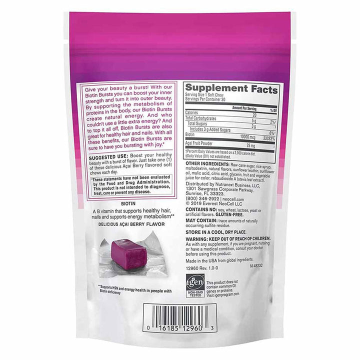 NeoCell Biotin Bursts 10,000 mcg Soft Chews For Healthy Hair And Nails, Pack of 30's - Easy Pharmacy LLC