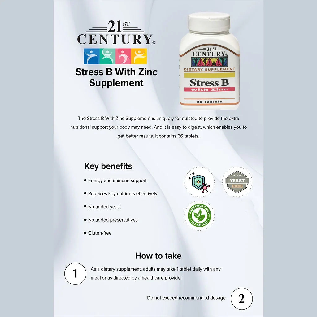 21st Century Stress B Multivitamin Tablets With Zinc For Energy & Immune Support, Pack of 30's - Easy Pharmacy LLC