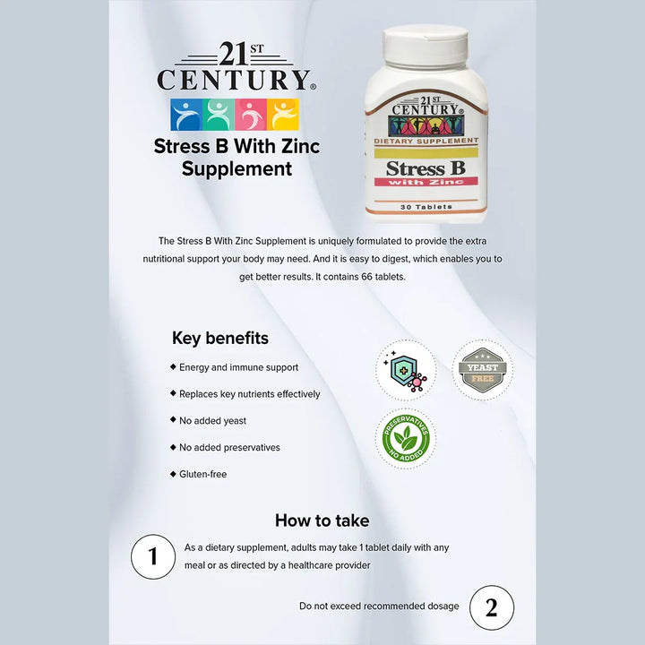 21st Century Stress B Multivitamin Tablets With Zinc For Energy & Immune Support, Pack of 30's - Easy Pharmacy LLC