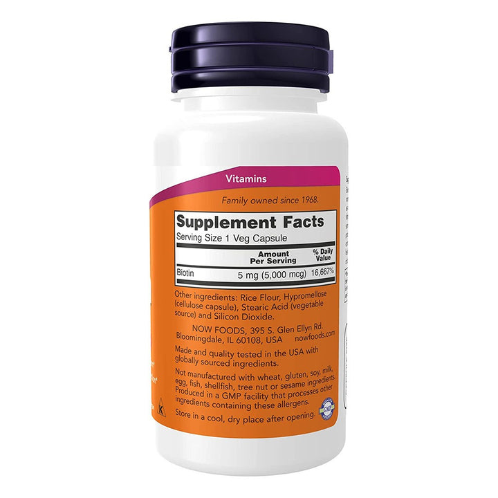 Now Biotin 5000 mcg Vegetarian Capsules For Energy Production, Pack of 60's - Easy Pharmacy LLC