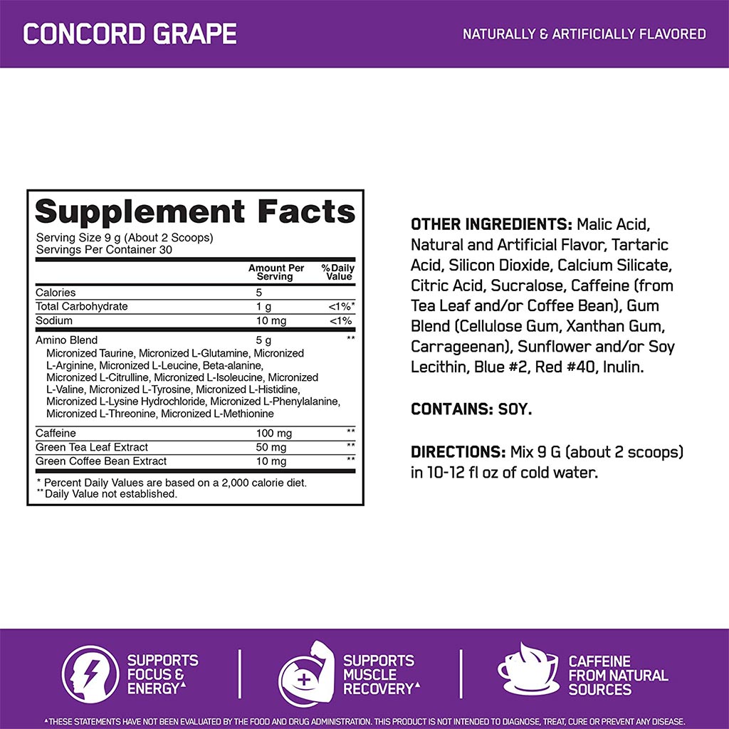 Optimum Nutrition Essential Amino Energy COptimum Nutritioncord Grape 270g 30 Servings - Easy Pharmacy LLC