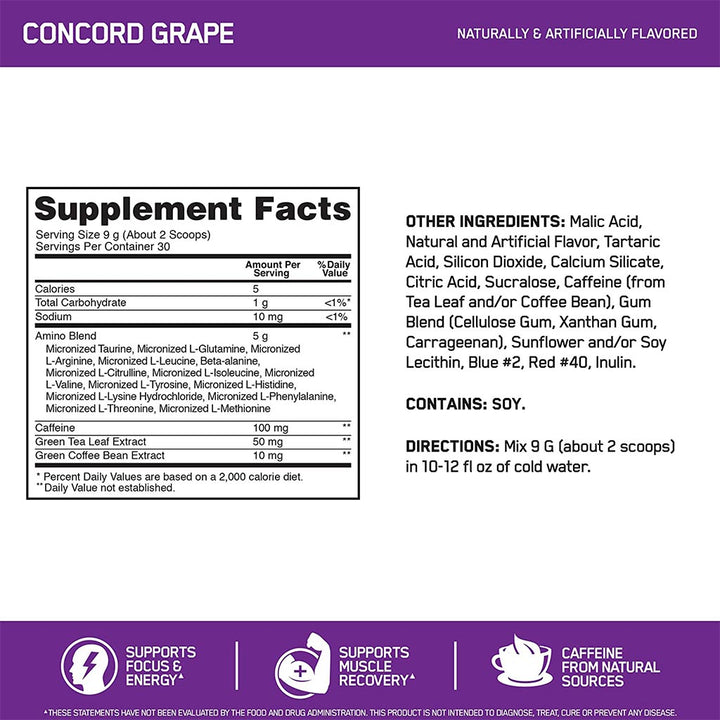 Optimum Nutrition Essential Amino Energy COptimum Nutritioncord Grape 270g 30 Servings - Easy Pharmacy LLC