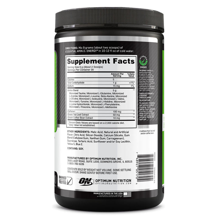 Optimum Nutrition Amino Energy For Energy & Muscle Recovery - Green Apple, 270g - 30 Servings - Easy Pharmacy LLC