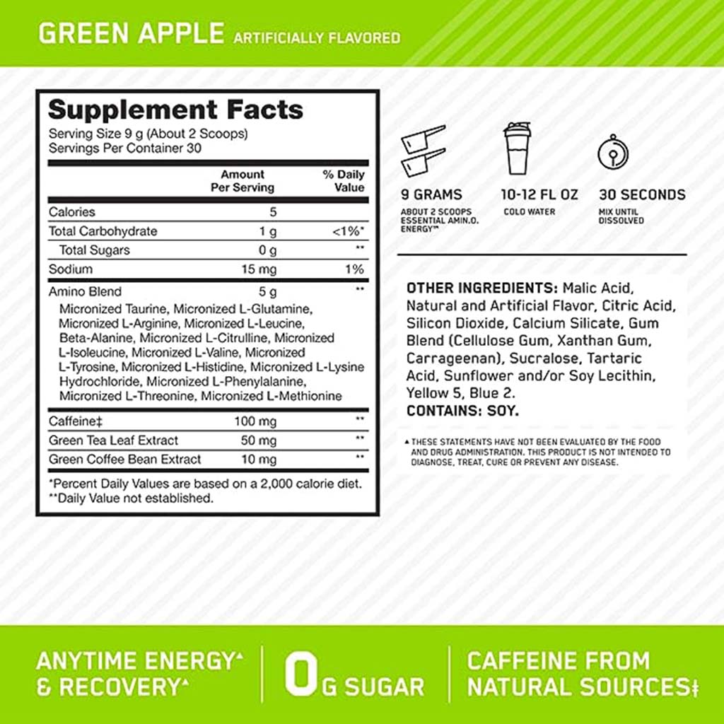 Optimum Nutrition Amino Energy For Energy & Muscle Recovery - Green Apple, 270g - 30 Servings - Easy Pharmacy LLC