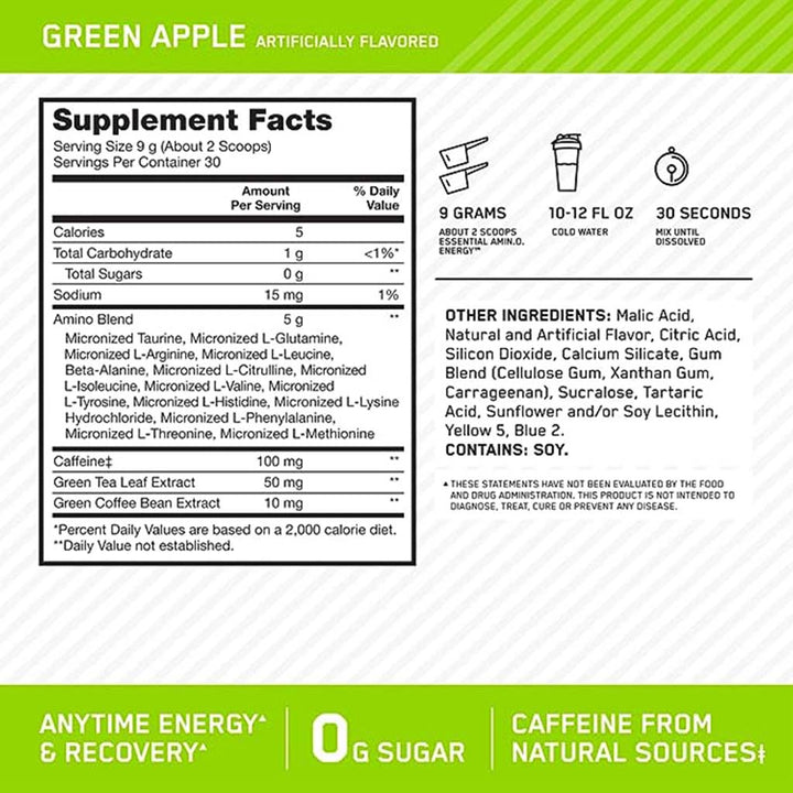 Optimum Nutrition Amino Energy For Energy & Muscle Recovery - Green Apple, 270g - 30 Servings - Easy Pharmacy LLC