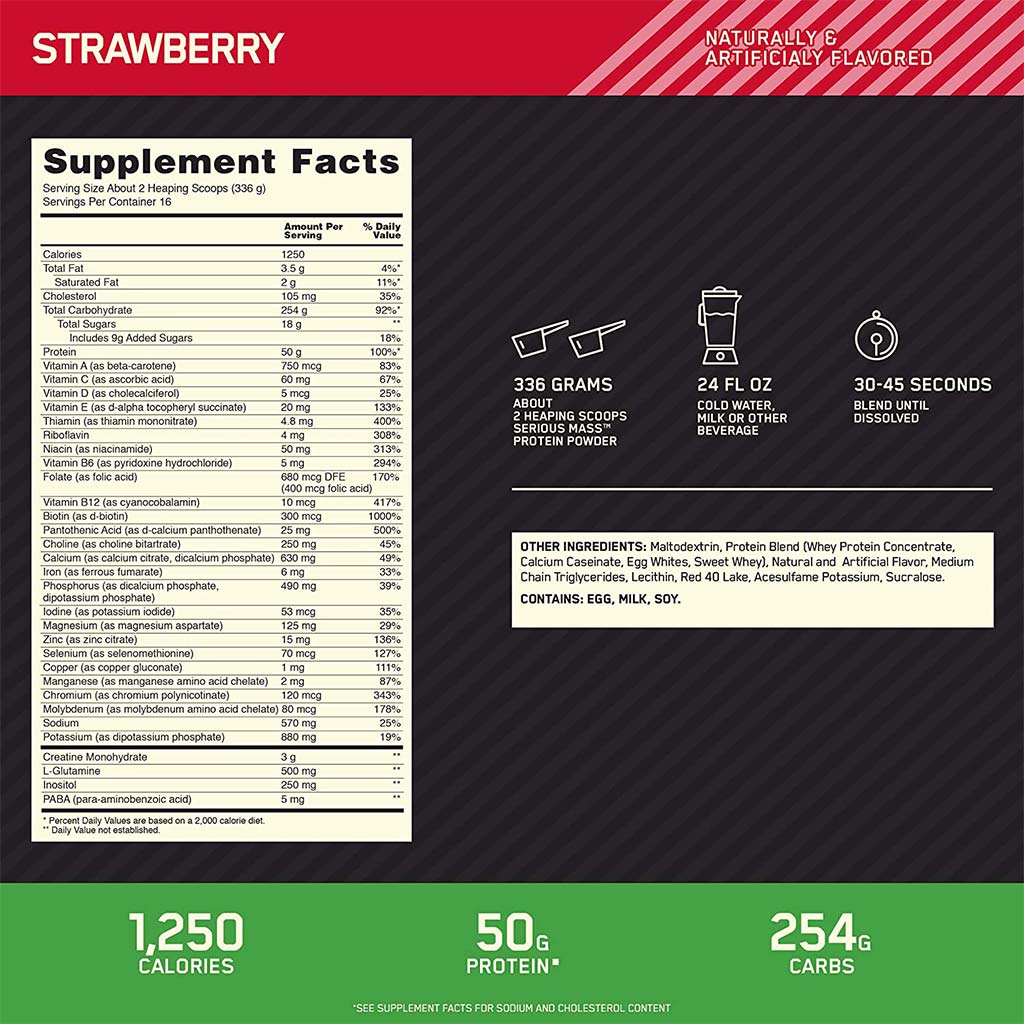 Optimum Nutrition Serious Mass Strawberry Flavor Protein Powder 6lb - Easy Pharmacy LLC