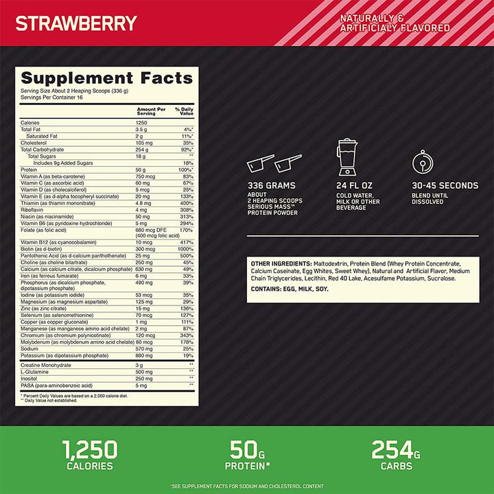 Optimum Nutrition Serious Mass Strawberry Flavor Protein Powder 6lb - Easy Pharmacy LLC