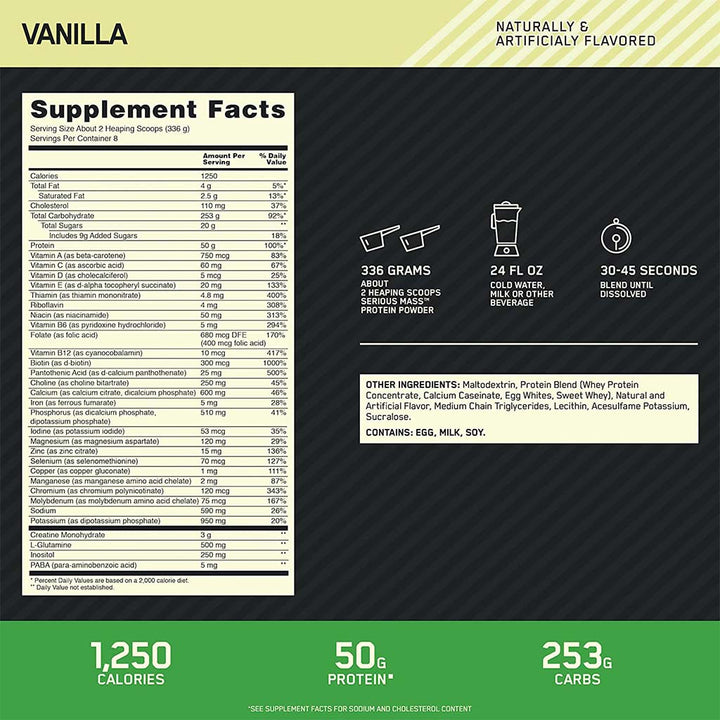 Optimum Nutrition Serious Mass Vanilla Flavor Protein Powder 6lb - Easy Pharmacy LLC