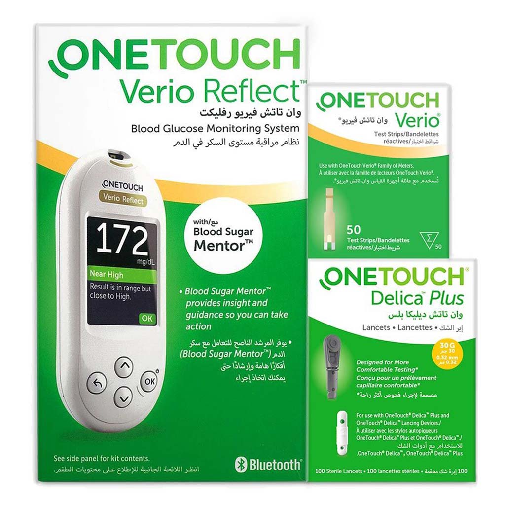 OneTouch Verio Reflect Blood Glucose Monitoring System + OneTouch Verio Test Strips 50's + OneTouch Delica Plus Lancets 100's Offer Pack - Easy Pharmacy LLC