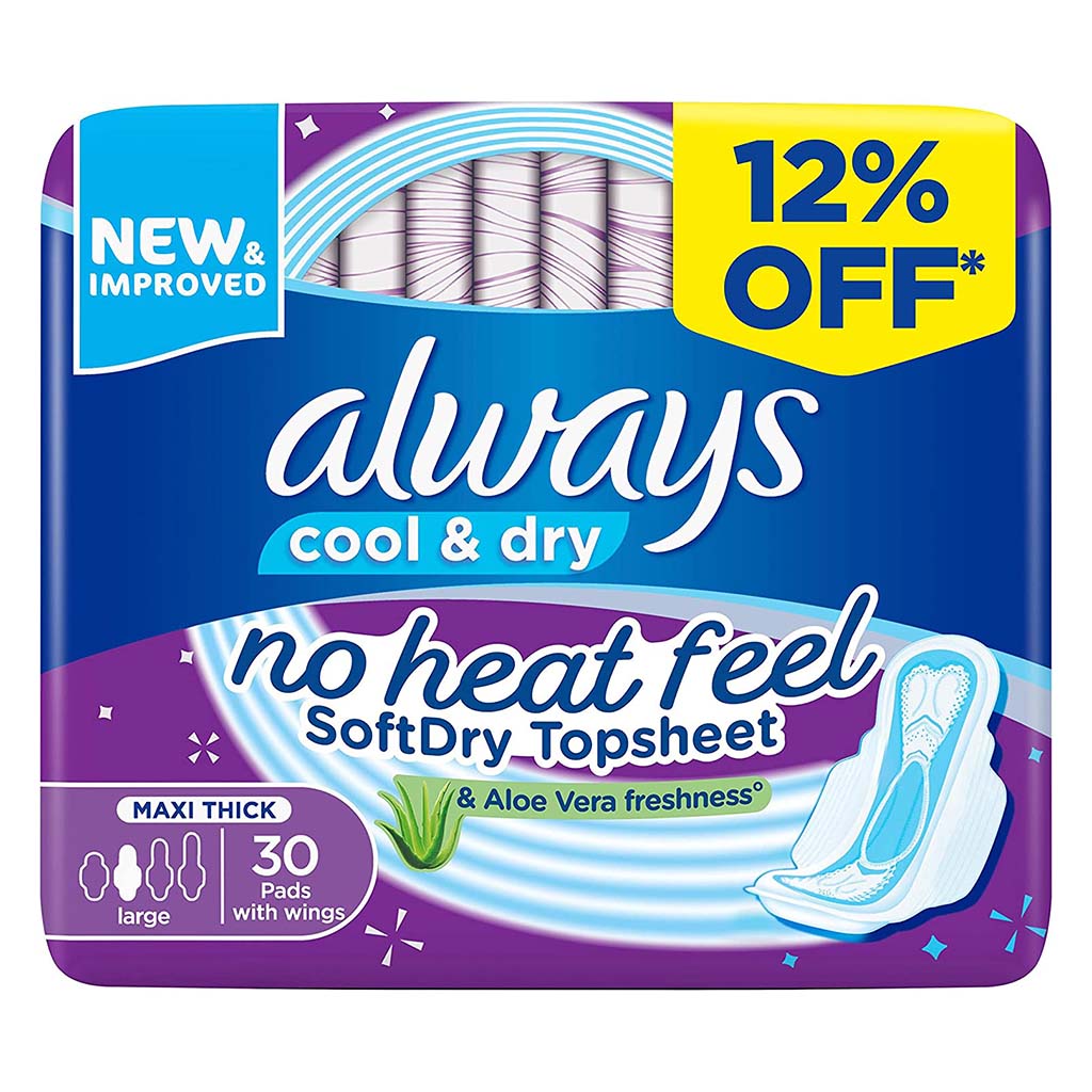 Always Cool & Dry, No Heat Feel, Maxi Thick, Large Sanitary Pads With Wings, Pack of 30's - Easy Pharmacy LLC