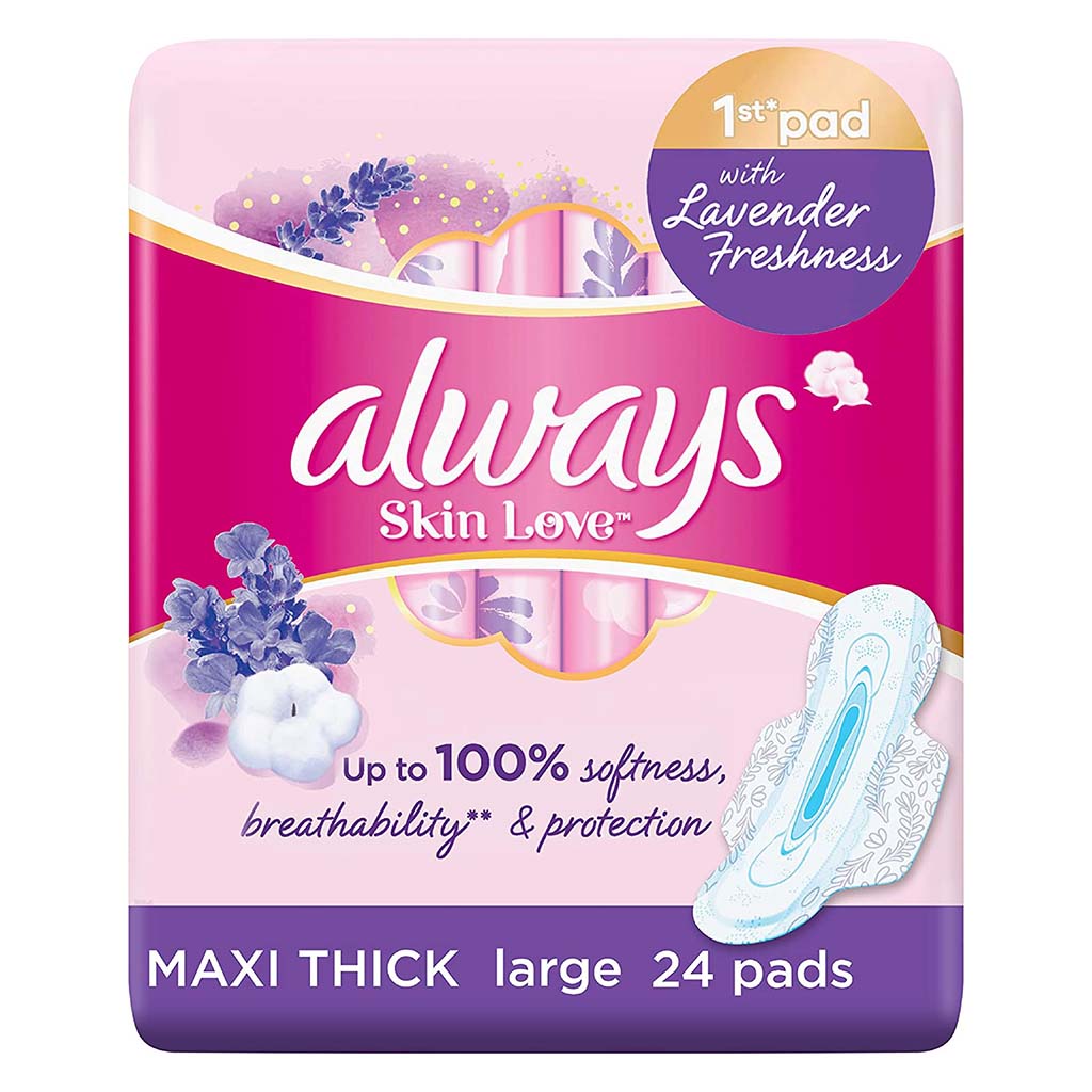 Always Skin Love Maxi Thick & Large Sanitary Pads With Lavender Freshness, Pack of 24's - Easy Pharmacy LLC