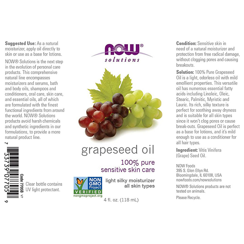 Now Solutions 100% Pure Grapeseed Oil For Sensitive Skin Care 118ml - Easy Pharmacy LLC
