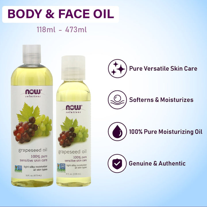 Now Solutions 100% Pure Grapeseed Oil For Sensitive Skin Care 118ml - Easy Pharmacy LLC