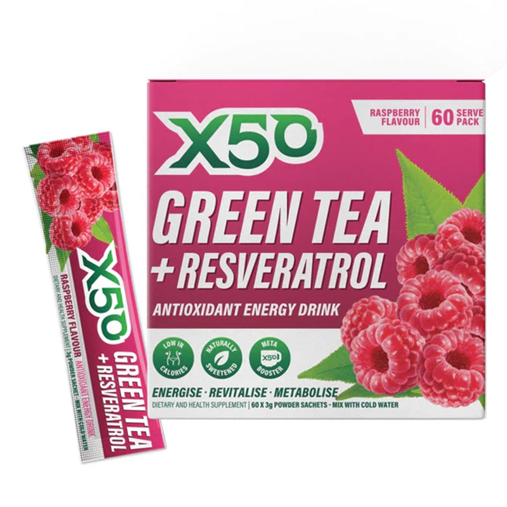 X50 Green Tea + Resveratrol Antioxidant Energy Drink Raspberry Sachet 60's - Easy Pharmacy LLC