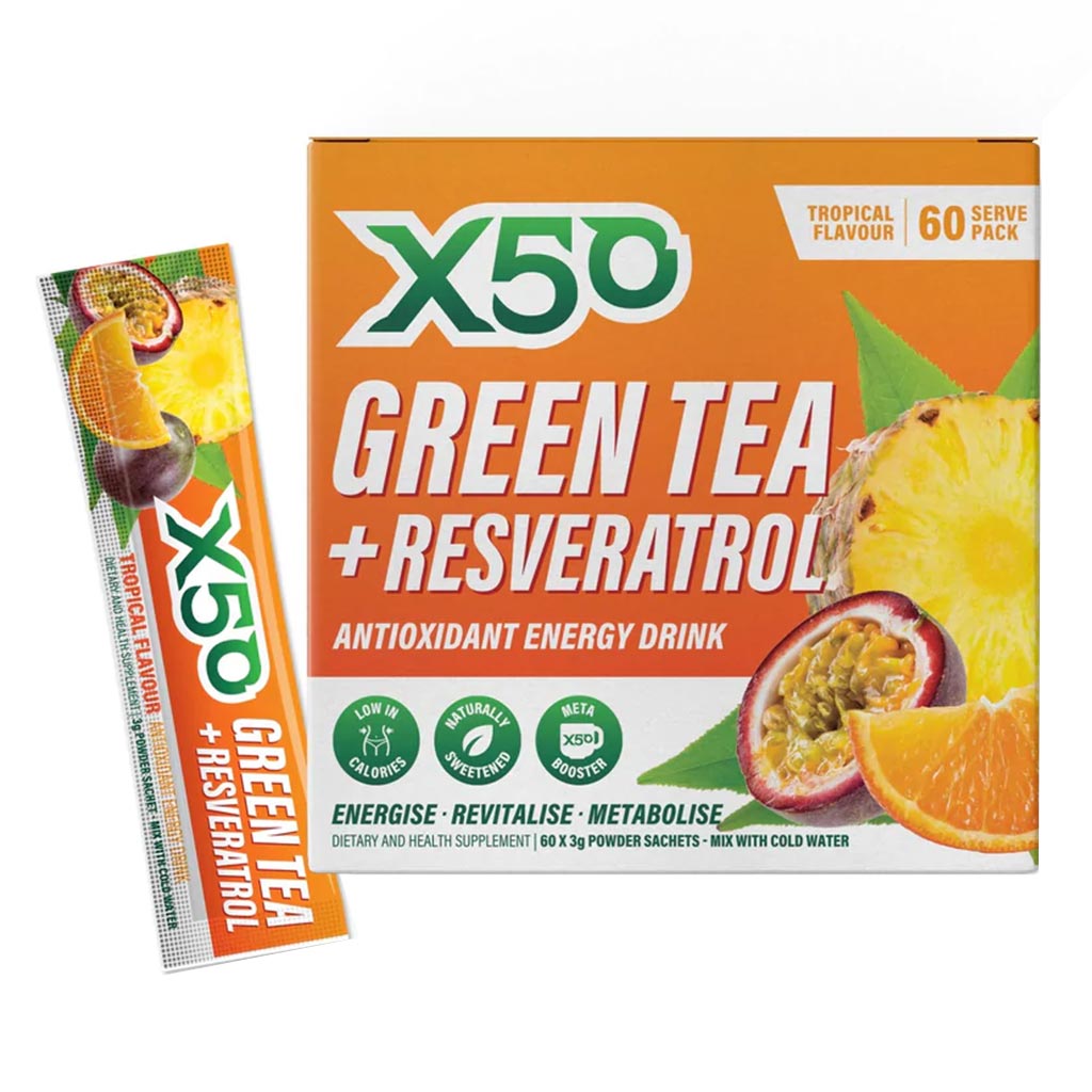 X50 Green Tea + Resveratrol Antioxidant Energy Drink Tropical Sachets 60's - Easy Pharmacy LLC