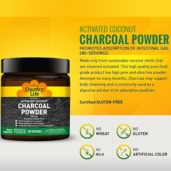 Country Life Natural 500 mg Activated Coconut Charcoal Gluten-Free Powder, Pack of 280 Servings - Easy Pharmacy LLC