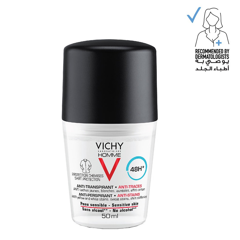 Vichy Homme 48 Hour Anti-Perspirant, Anti-Stain Alcohol Free Deodorant Roll On 50ml - Easy Pharmacy LLC