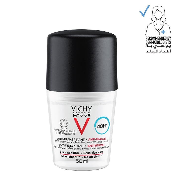 Vichy Homme 48 Hour Anti-Perspirant, Anti-Stain Alcohol Free Deodorant Roll On 50ml - Easy Pharmacy LLC