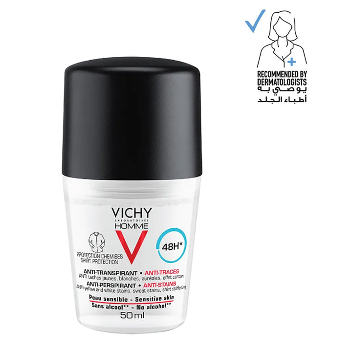 Vichy Homme 48 Hour Anti-Perspirant, Anti-Stain Alcohol Free Deodorant Roll On 50ml - Easy Pharmacy LLC