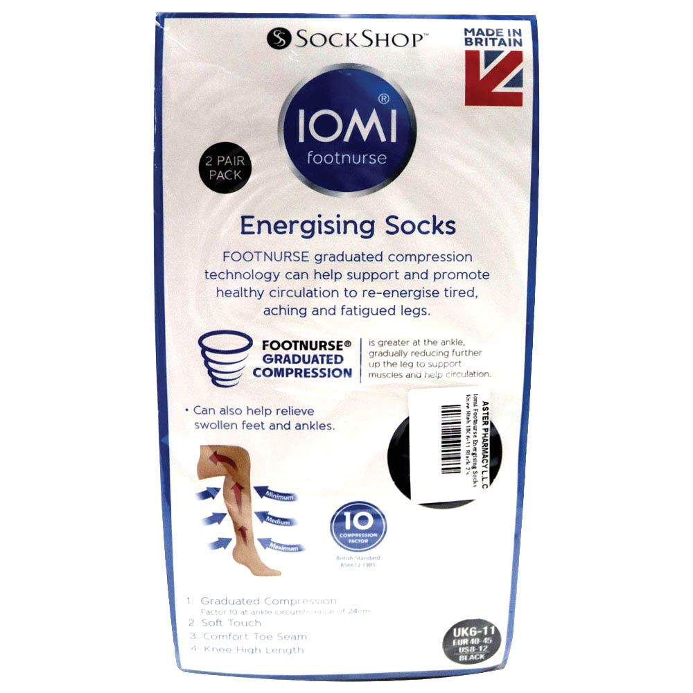 SockShop Iomi Footnurse Energising Socks Knee High UK 6-11 Black 2 Pair - Easy Pharmacy LLC