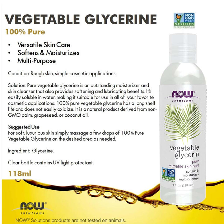 Now Solutions Vegetable Glycerin Oil, 100% Pure For Rough & Dry Skin Moisturization 118ml - Easy Pharmacy LLC