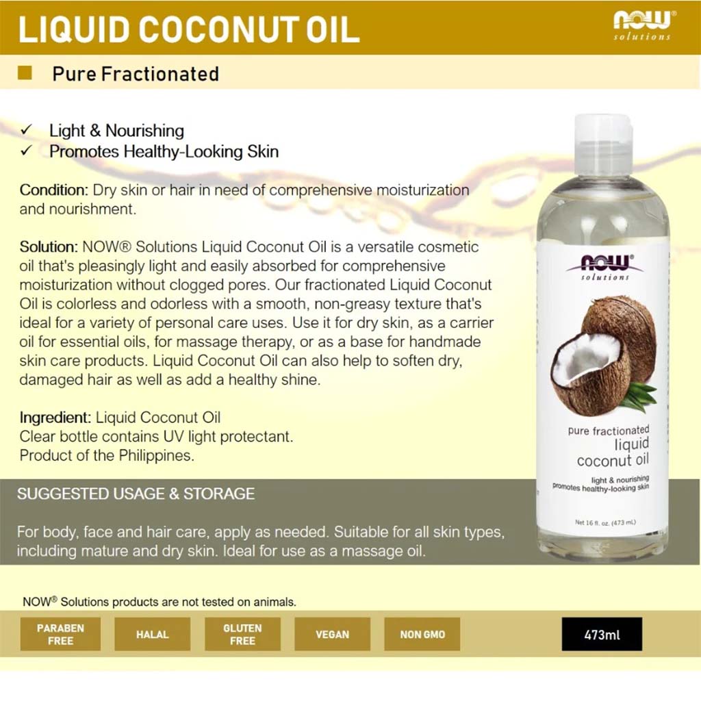 Now Solutions Pure Fractionated Liquid Coconut Oil For Dry Skin & Hair 475ml - Easy Pharmacy LLC