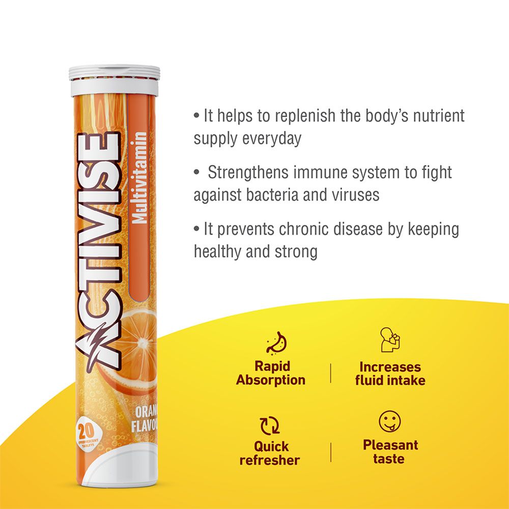 Activise Multivitamins Orange Flavour Effervescent Tablets For Energy & Wellness, Pack of 20's - Easy Pharmacy LLC