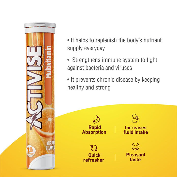 Activise Multivitamins Orange Flavour Effervescent Tablets For Energy & Wellness, Pack of 20's - Easy Pharmacy LLC