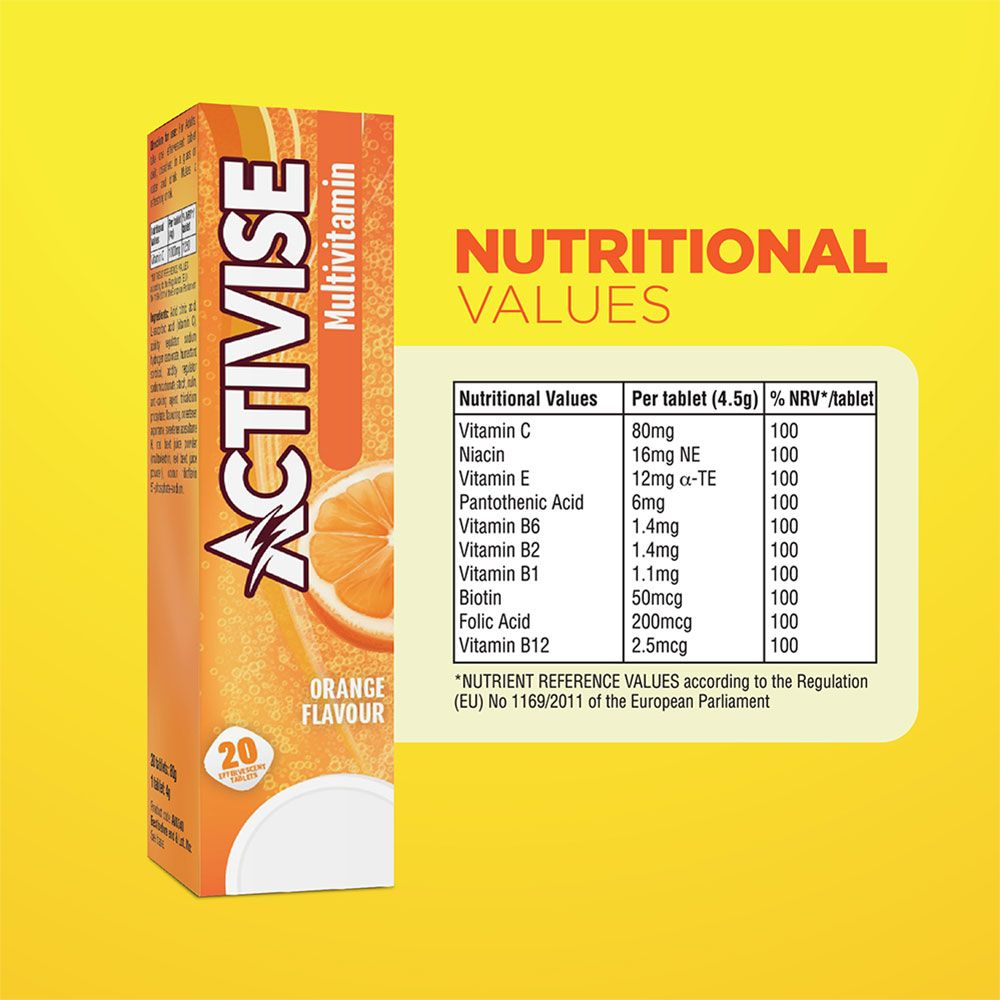 Activise Multivitamins Orange Flavour Effervescent Tablets For Energy & Wellness, Pack of 20's - Easy Pharmacy LLC