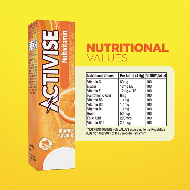 Activise Multivitamins Orange Flavour Effervescent Tablets For Energy & Wellness, Pack of 20's - Easy Pharmacy LLC