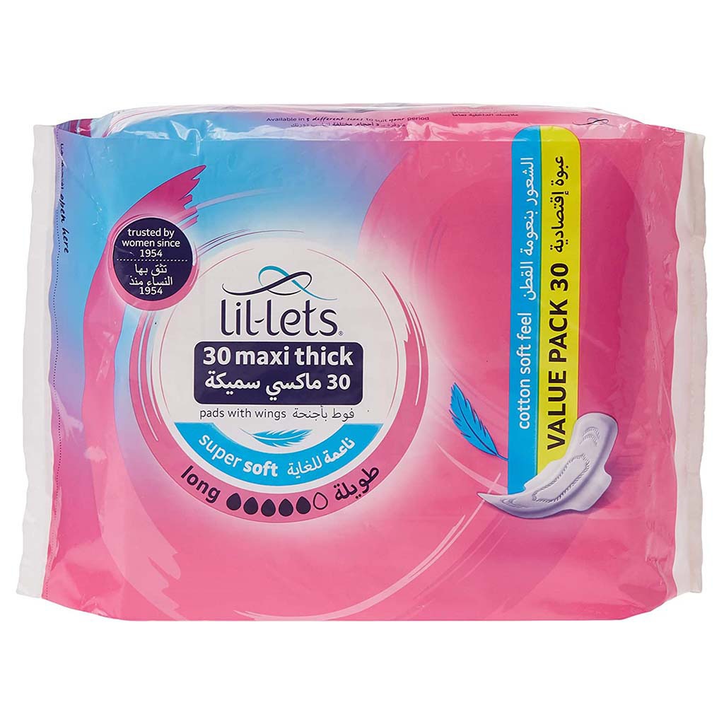 Lil-lets Maxi Thick Cotton Soft Long Sanitary Pads With Wings, Pack of 30's - Easy Pharmacy LLC