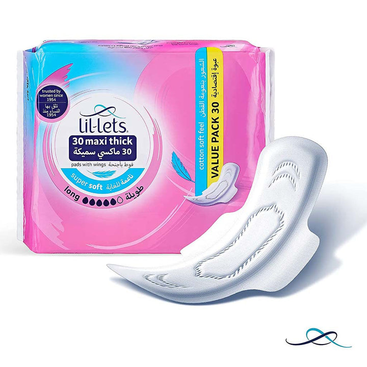 Lil-lets Maxi Thick Cotton Soft Long Sanitary Pads With Wings, Pack of 30's - Easy Pharmacy LLC