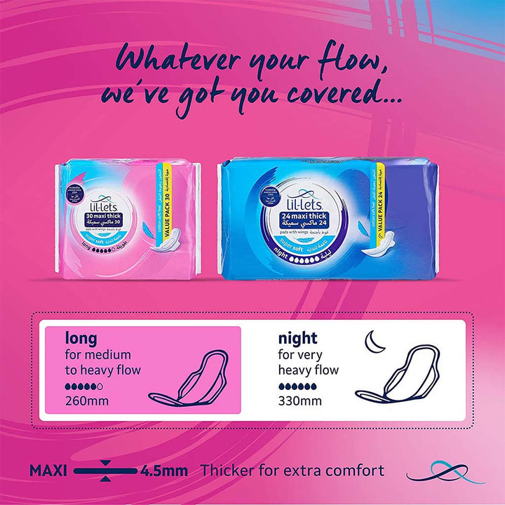 Lil-lets Maxi Thick Cotton Soft Long Sanitary Pads With Wings, Pack of 30's - Easy Pharmacy LLC