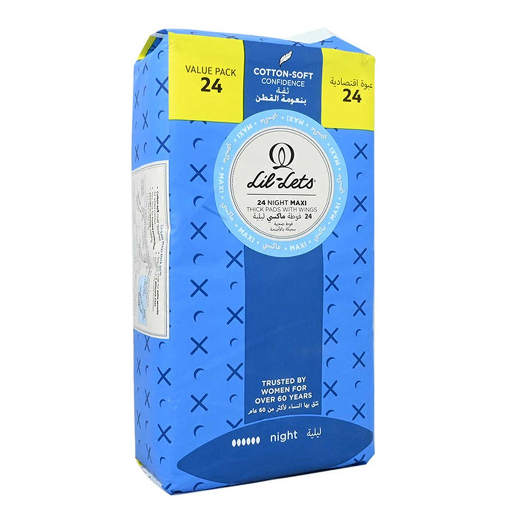 Lil-lets Maxi Thick Cotton Soft Night Sanitary Pads With Wings 24's - Easy Pharmacy LLC