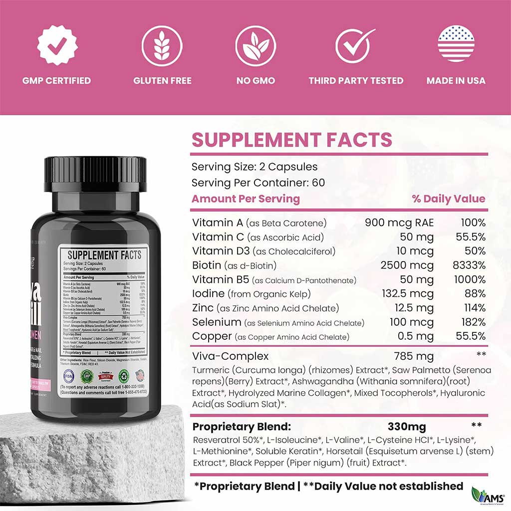 AMS VivaPill Capsules, Hair And Nail Vitamin Supplement For Women, Pack of 120's - Easy Pharmacy LLC