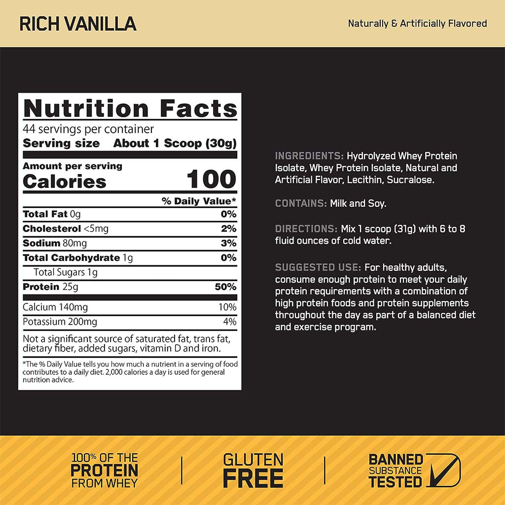 Optimum Nutrition Gold Standard 100% Isolate Rich Vanilla 1.58lb - Easy Pharmacy LLC
