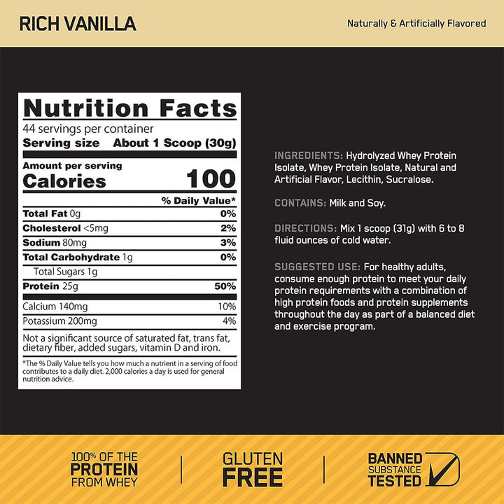Optimum Nutrition Gold Standard 100% Isolate Rich Vanilla 1.58lb - Easy Pharmacy LLC