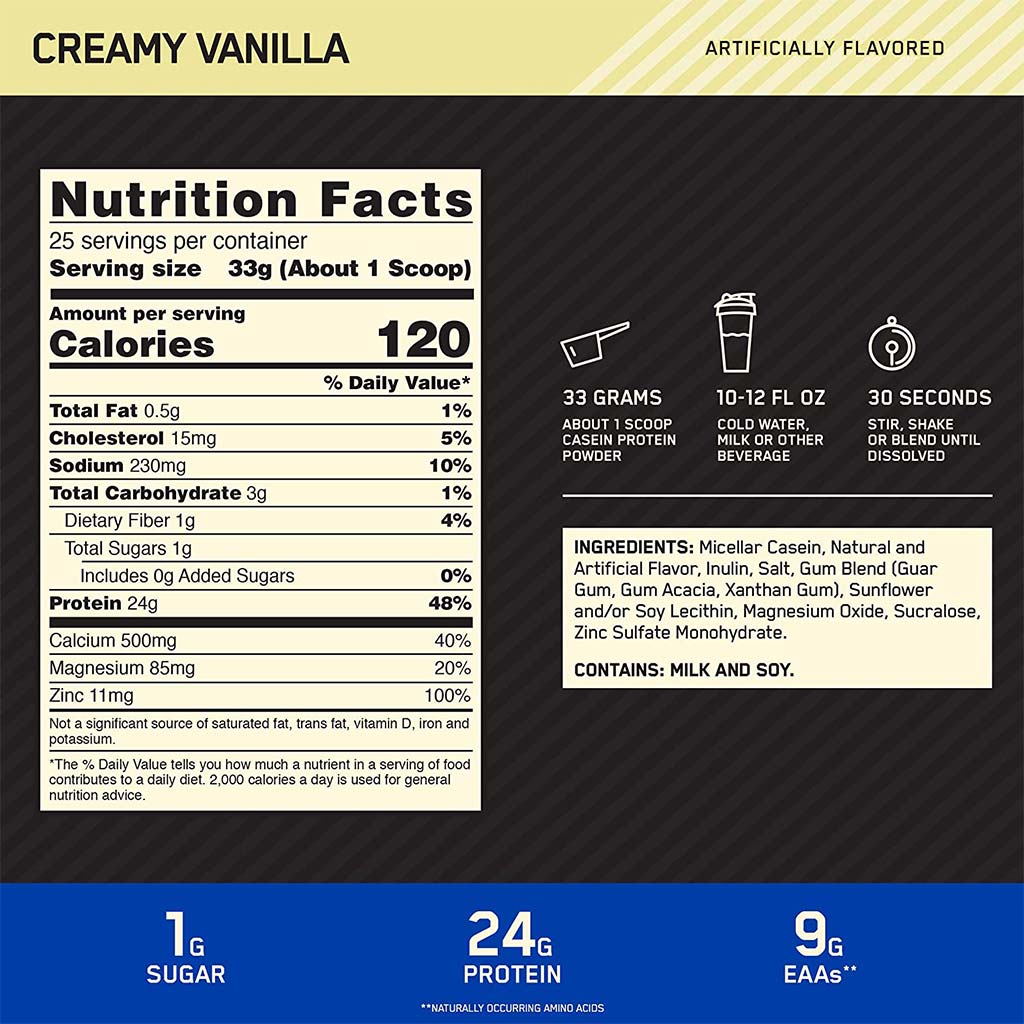 Optimum Nutrition Gold Standard 100% Casein Protein Creamy Vanilla 2lb - Easy Pharmacy LLC