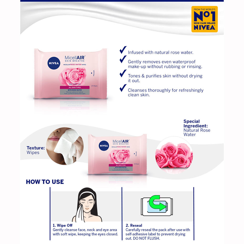 Nivea MicellAIR Skin Breathe Micellar Rose Water Wipes 25's - Easy Pharmacy LLC
