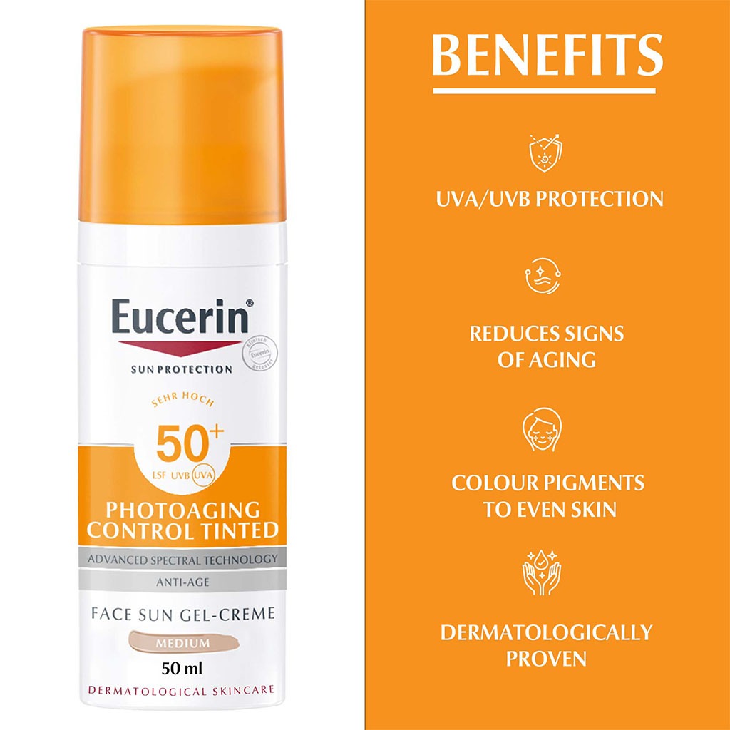 Eucerin Sun SPF 50+ Sun Creme Tinted CC Medium Anti-Aging Sunscreen 50ml - Easy Pharmacy LLC