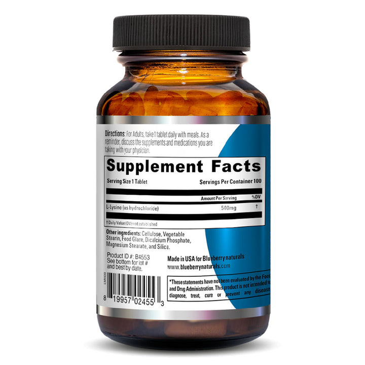Blueberry Naturals L- Lysine 500mg Tablets, Pack of 100's - Easy Pharmacy LLC