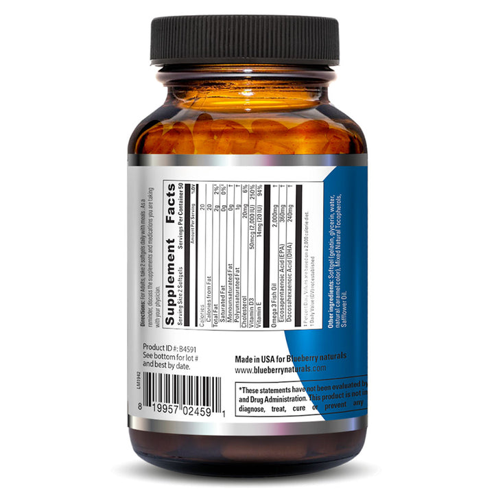 Blueberry Naturals Omega 3 1000mg Fish Oil Supplement Softgels, Pack of 100's - Easy Pharmacy LLC