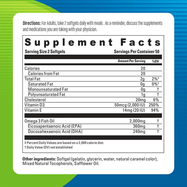 Blueberry Naturals Omega 3 1000mg Fish Oil Supplement Softgels, Pack of 100's - Easy Pharmacy LLC
